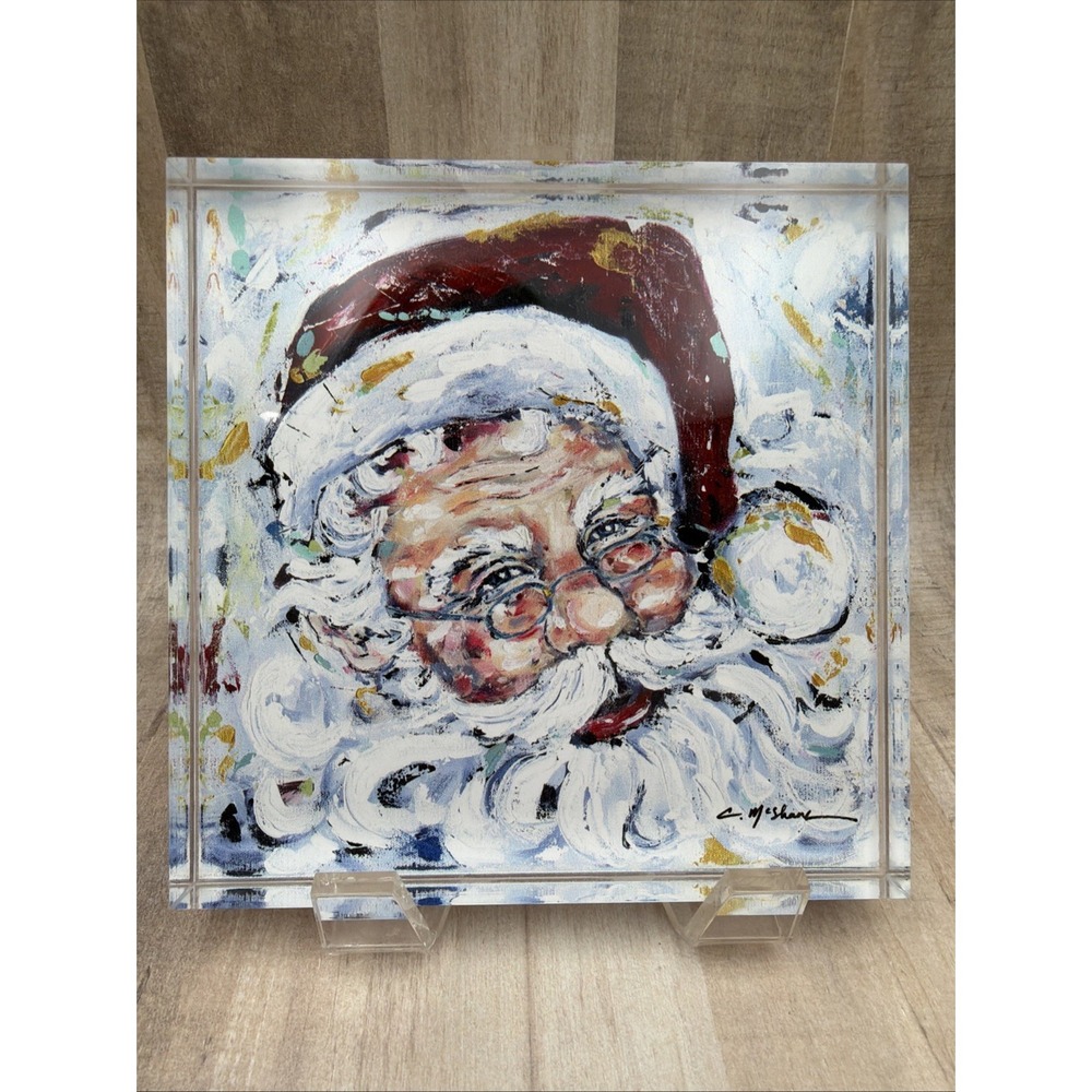 Chelsea McShane Art Christmas Santa Lucite Acrylic Plaque 5.5" Table Top Display
